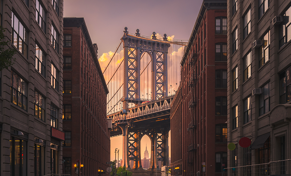 Brooklyn Bridge at sunset.